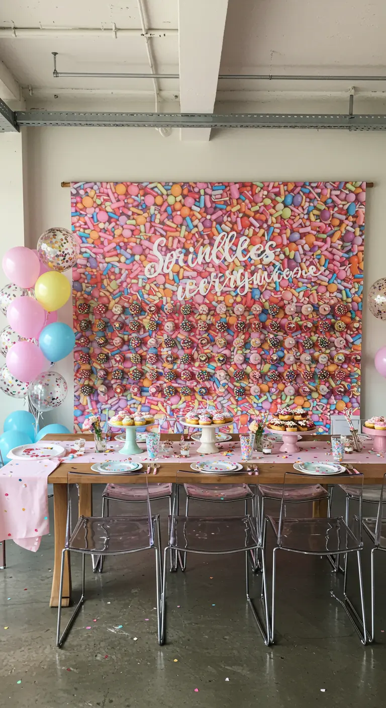 A donut wall set against a massive backdrop that looks like rainbow sprinkles.