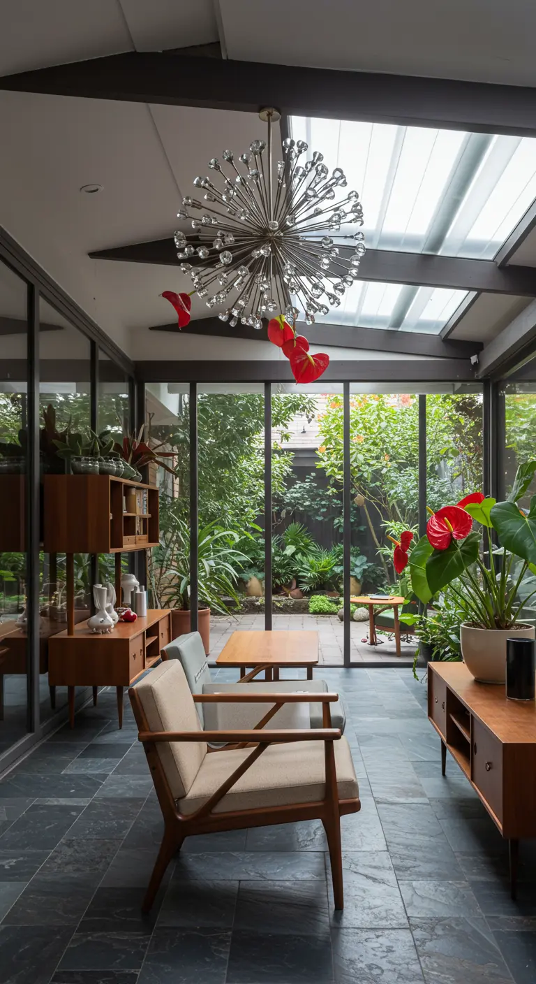 A mid-century sputnik chandelier with red anthurium flowers in a modern sunroom.