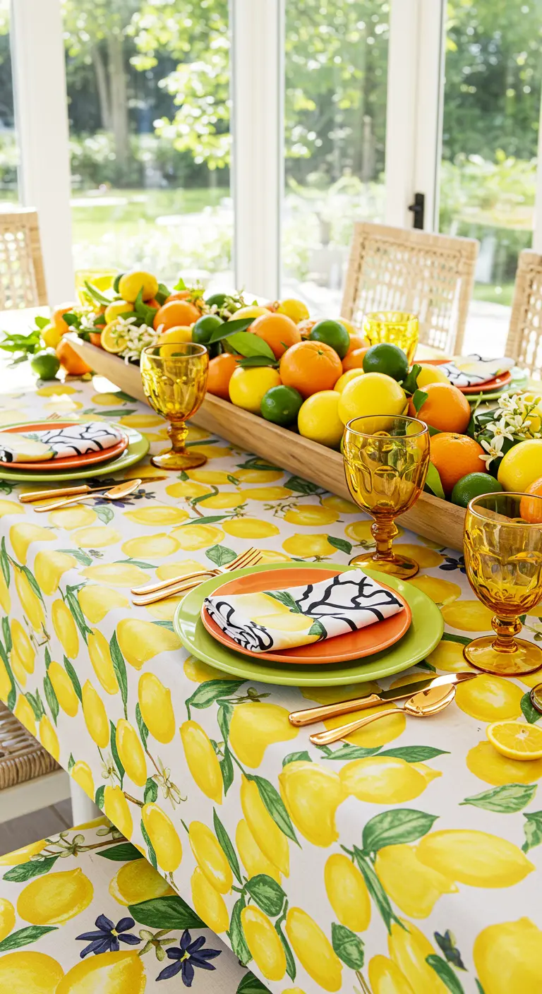 A bright summer tablescape with a lemon-print tablecloth and a centerpiece of fresh citrus fruits.