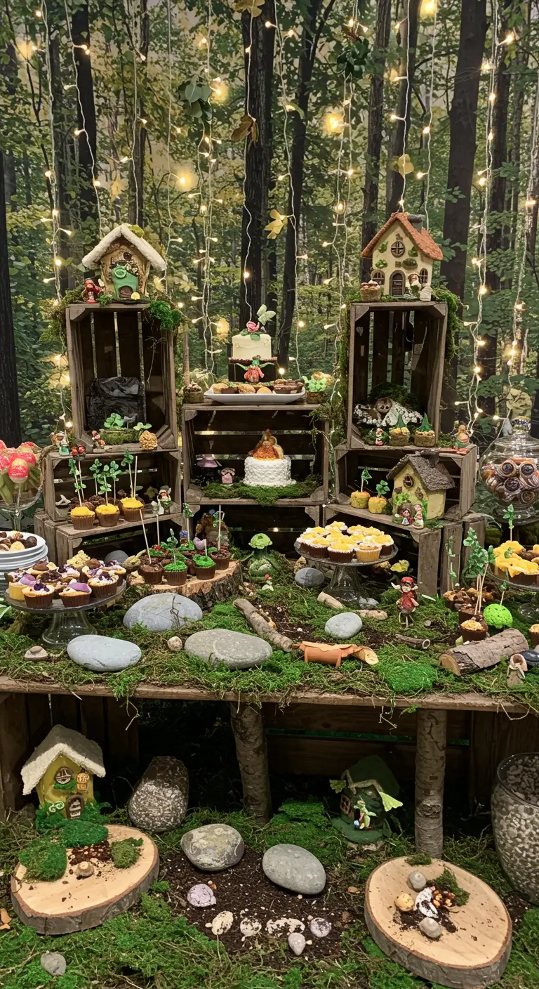 A dessert buffet made of stacked wooden crates, decorated with moss, fairy houses, and treats.