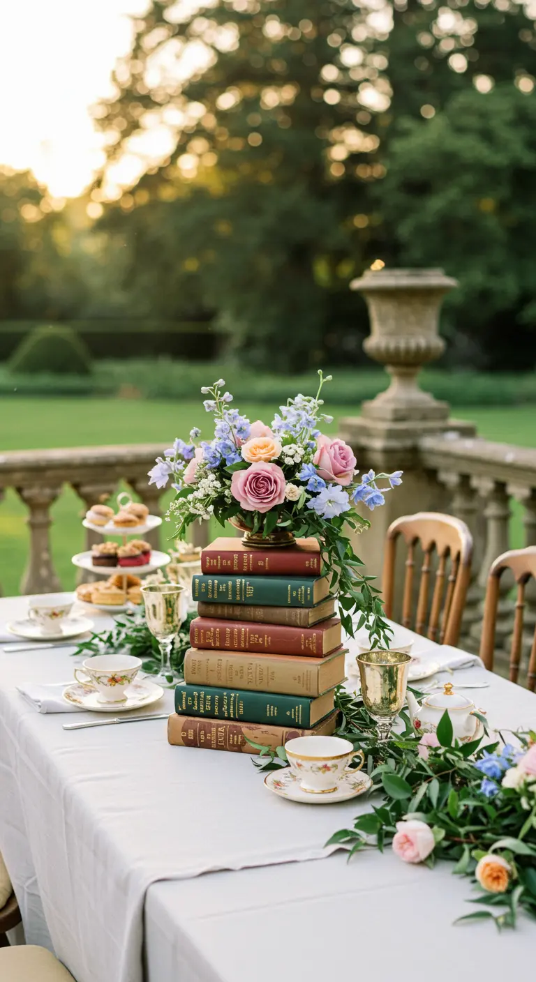 An elegant outdoor table setting with a centerpiece of vintage books and pastel flowers.