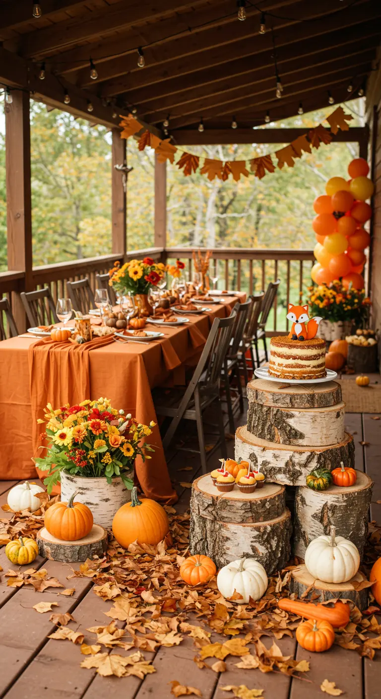 Autumn woodland party on a porch with a tiered log cake stand and pumpkins.