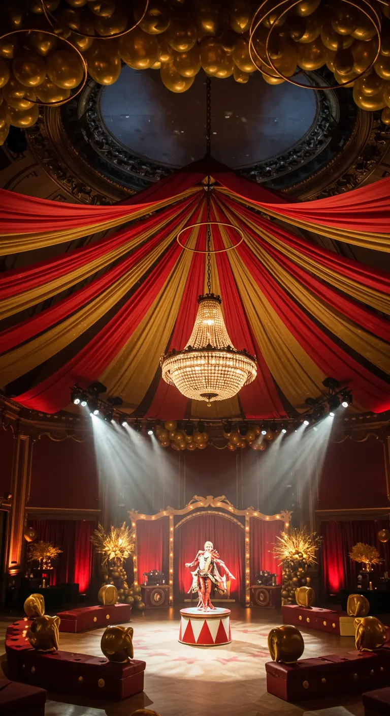 A grand theatrical circus theme with red and gold draping, a chandelier, and a center stage.
