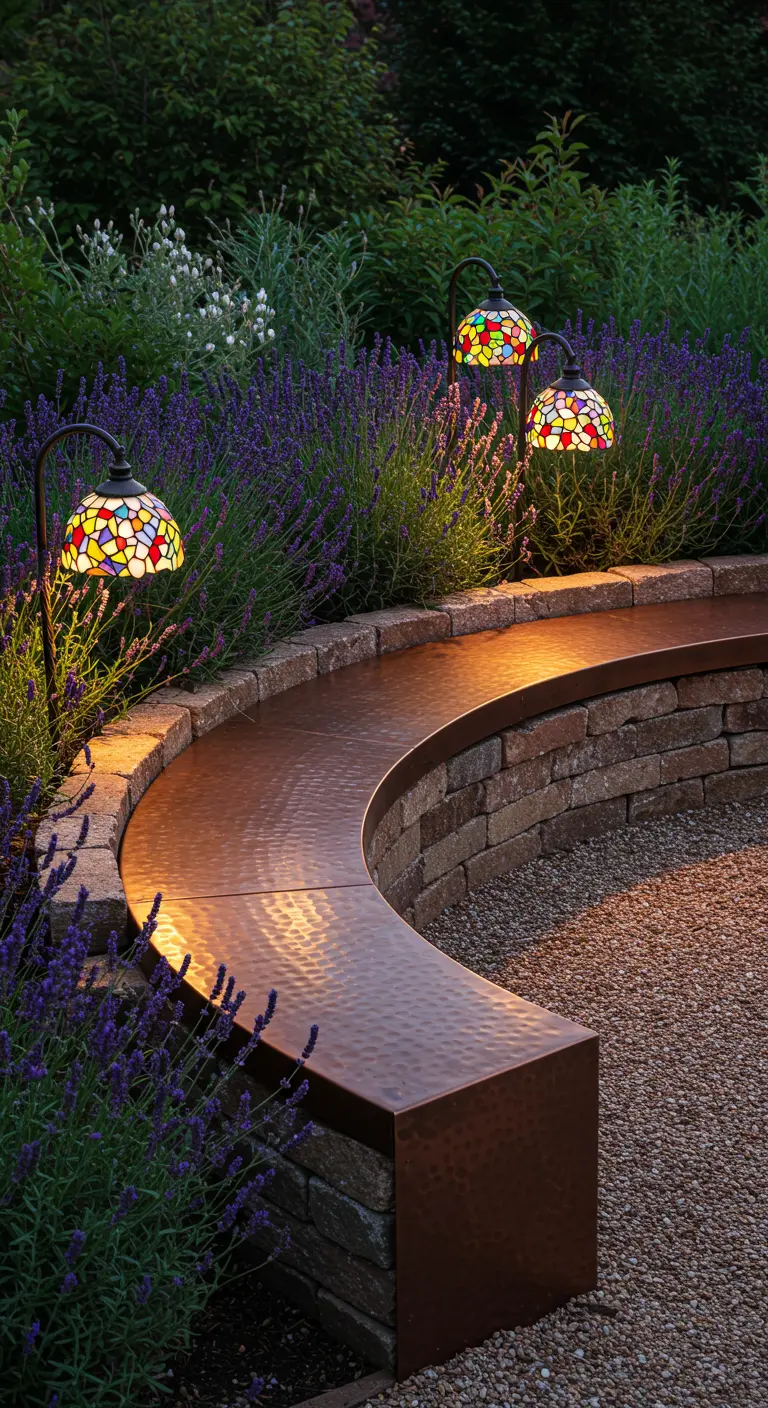 Curved bench on a stone wall with colorful stained-glass style solar lamps.