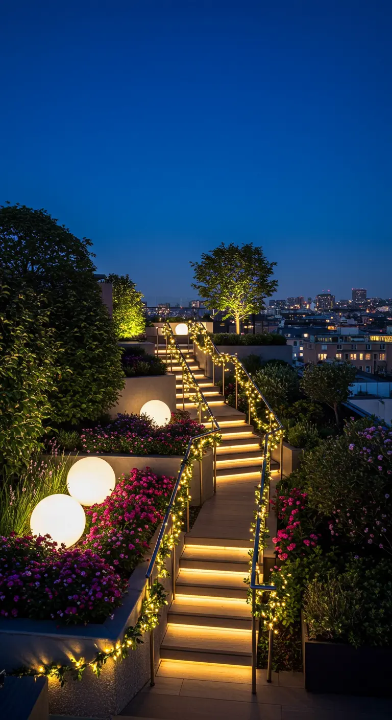 An outdoor staircase at night, illuminated by glowing orbs and fairy lights in the adjacent flowerbeds.