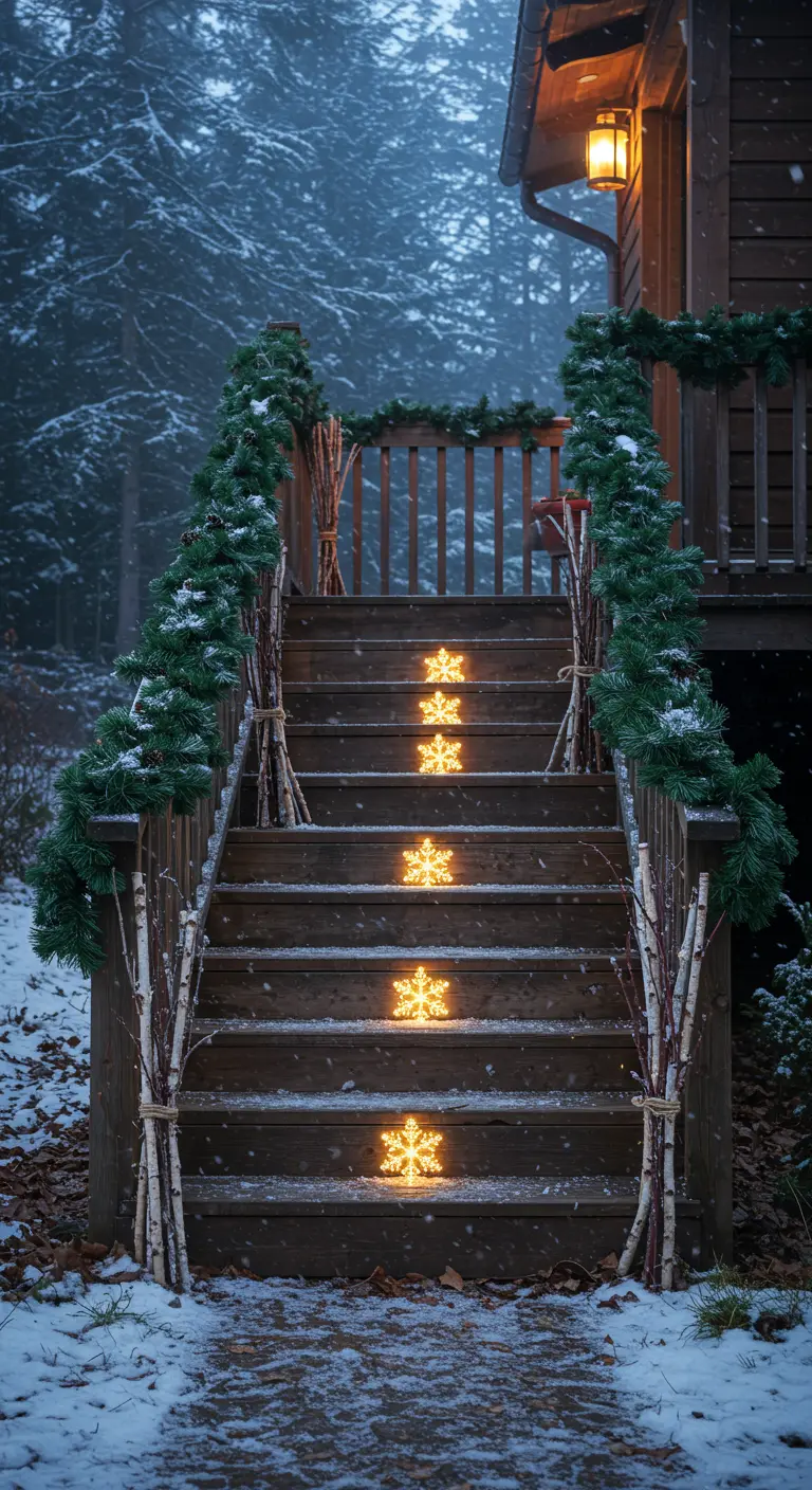 Outdoor wooden stairs decorated with pine garlands and a lighted snowflake on each step.