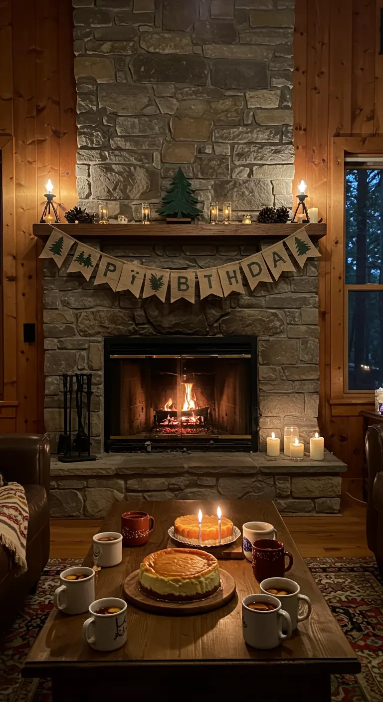 A stone fireplace decorated for a birthday with a hand-stamped banner, candles, and a cheesecake.