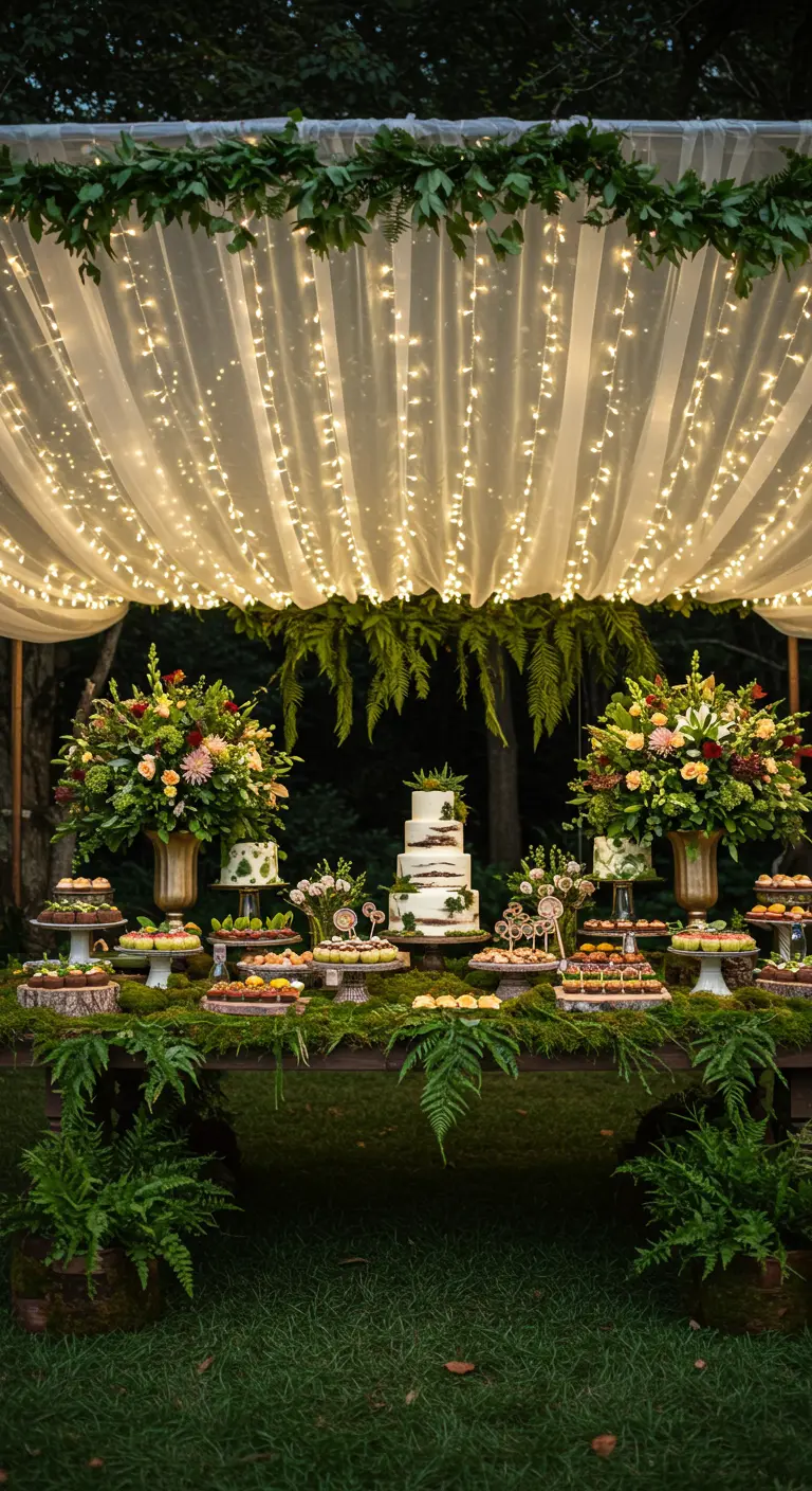 Dessert table under a canopy of sheer fabric and fairy lights.