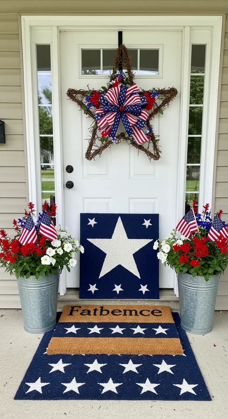 White door with a star-shaped wreath and patriotic red, white, and blue decor.