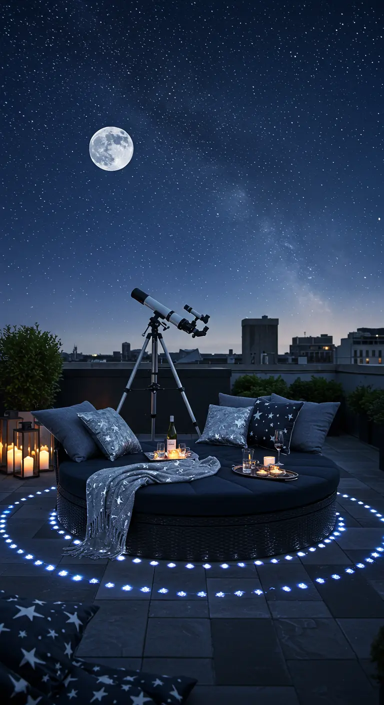 A rooftop daybed with star-patterned pillows and a telescope, surrounded by a circle of lights.