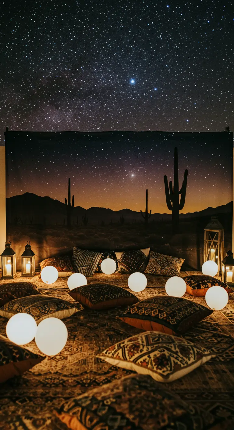 A desert night sky tapestry behind a cozy floor lounge with pillows and glowing orbs.