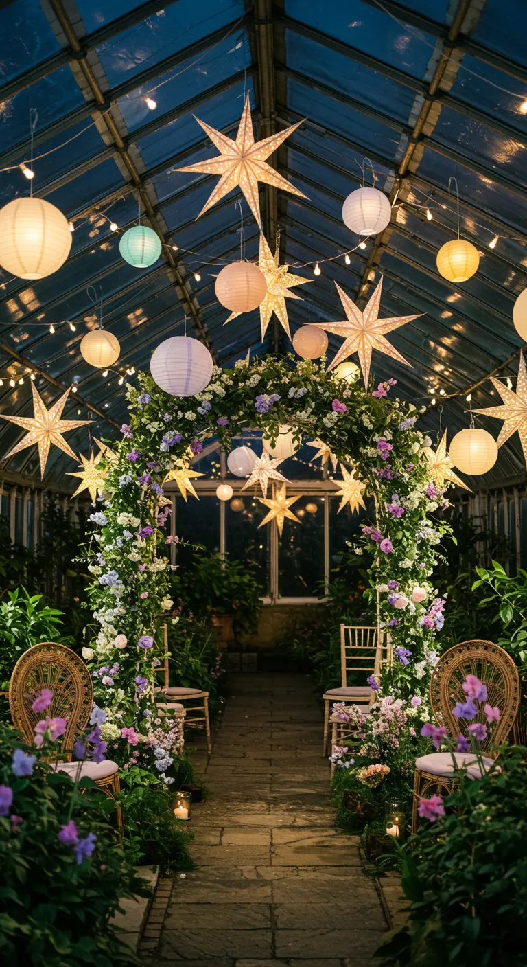 A floral arch inside a greenhouse filled with hanging paper star lanterns and string lights.