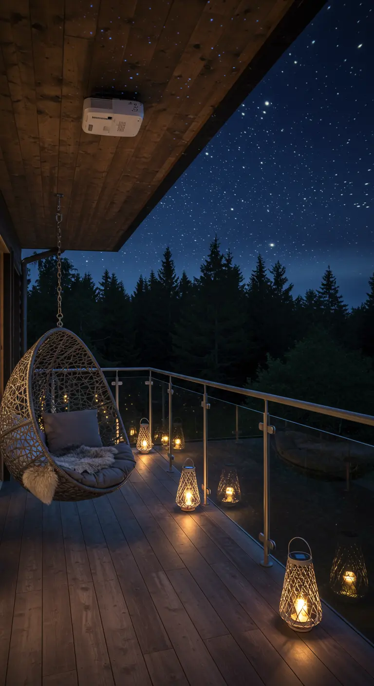 A hanging egg chair on a balcony with a projector casting stars on the ceiling.