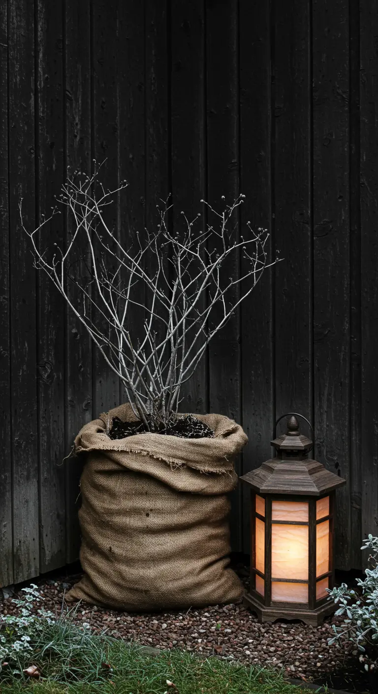 Bare branches in a burlap sack planter next to a glowing lantern against a dark wood wall.