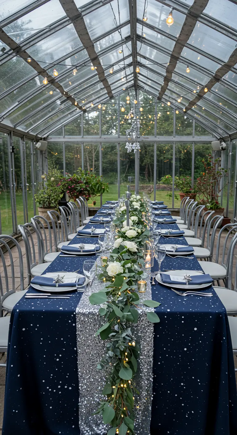 A long table in a greenhouse with a silver sequin runner and eucalyptus garland with lights.