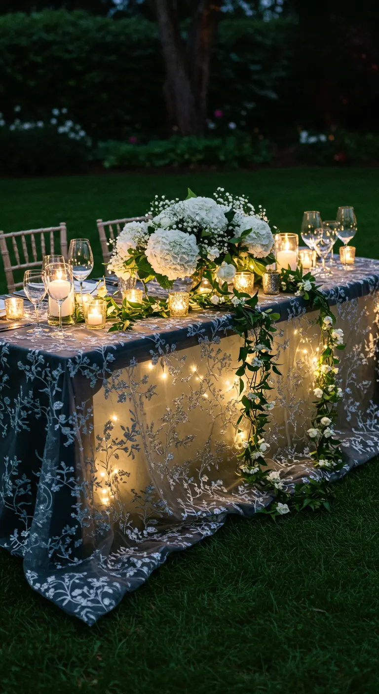 An outdoor table at night with fairy lights glowing under a sheer floral tablecloth.