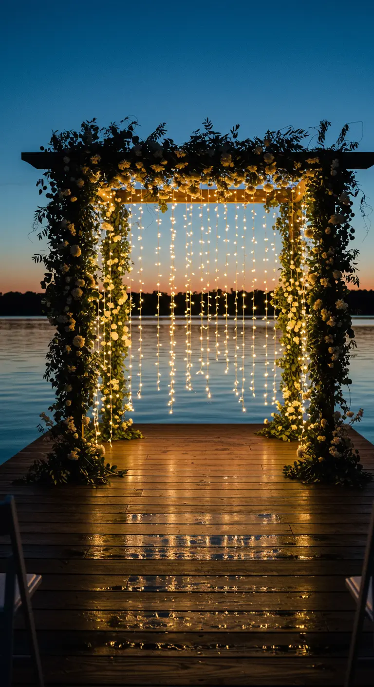 Wedding arch on a pier with white flowers and a curtain of fairy lights at sunset.