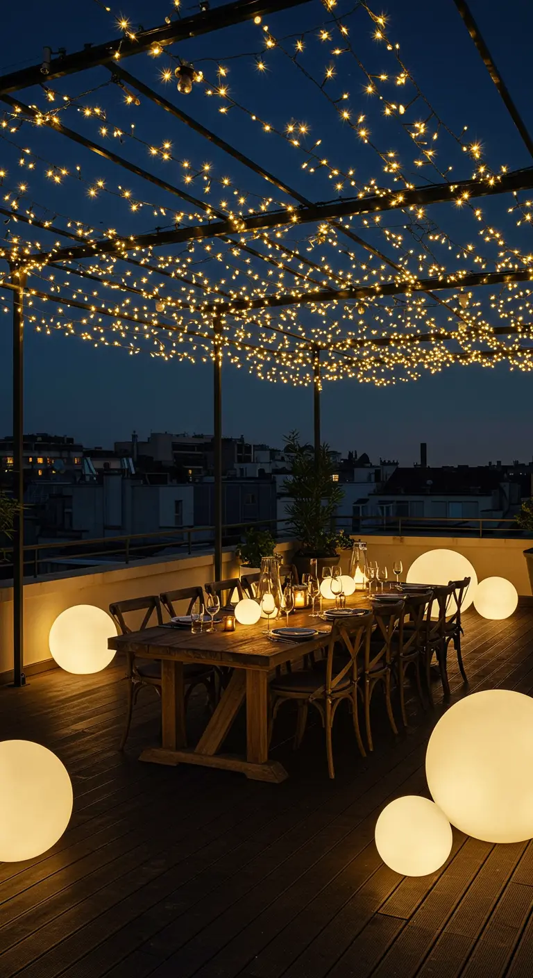 A rooftop dining table under a dense canopy of warm string lights, with large glowing orbs nearby.