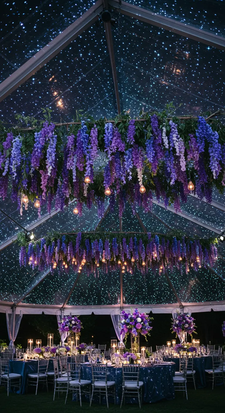 Clear wedding tent with a starry light ceiling and hanging wisteria.