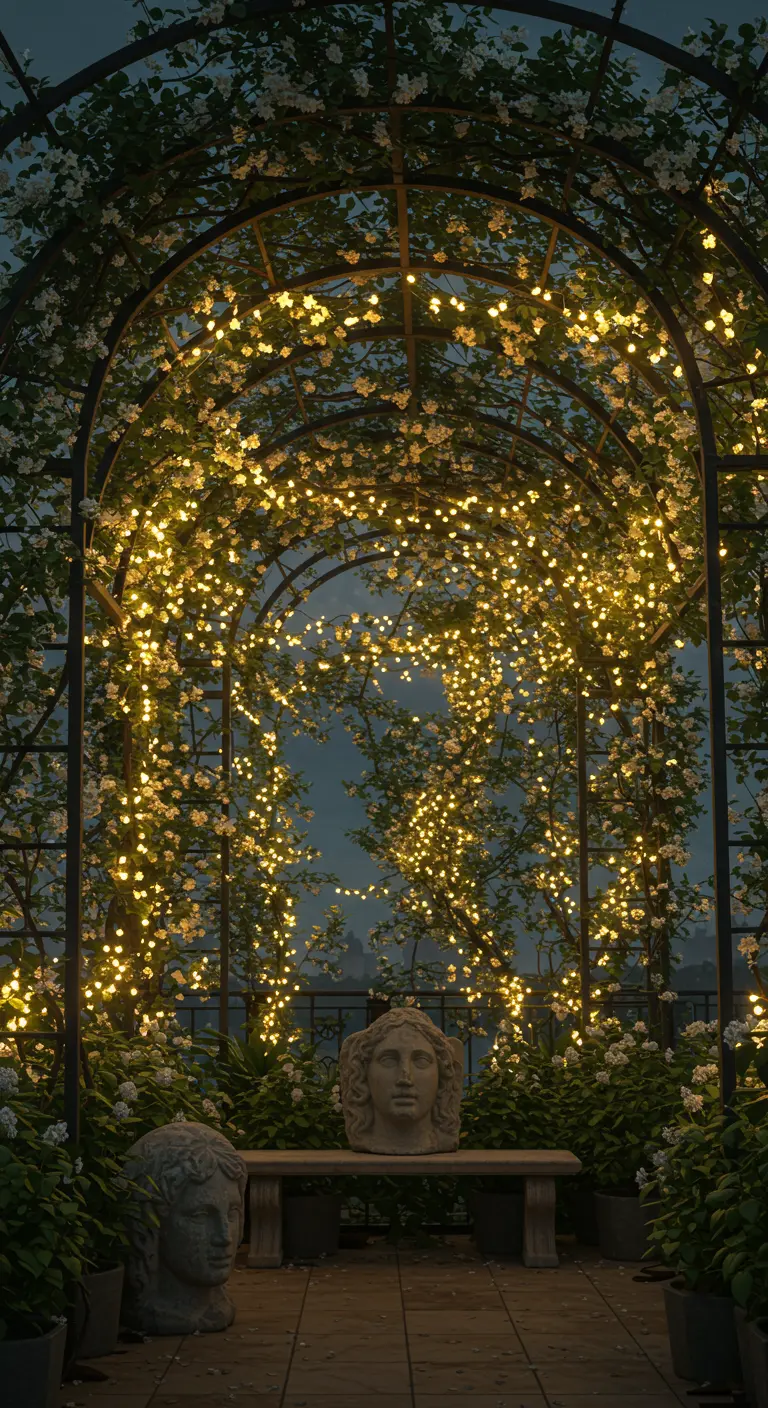 A garden arch at night, densely covered in tiny fairy lights and white flowers.