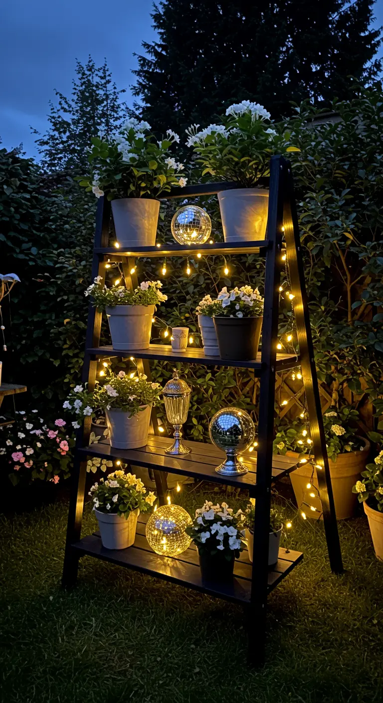 A dark ladder adorned with fairy lights and disco balls, illuminating white flowers at night.