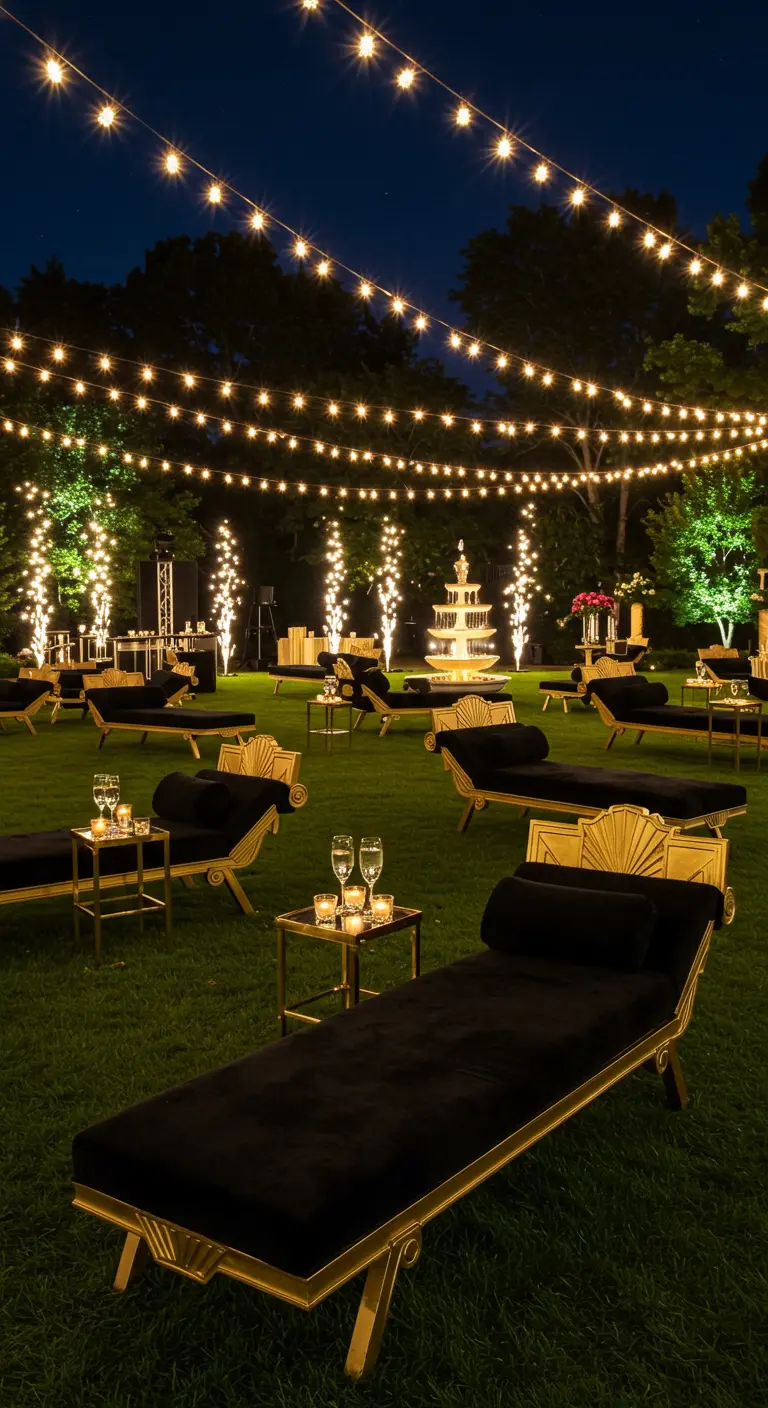 Black and gold Art Deco chaises arranged on a lawn at night under string lights.