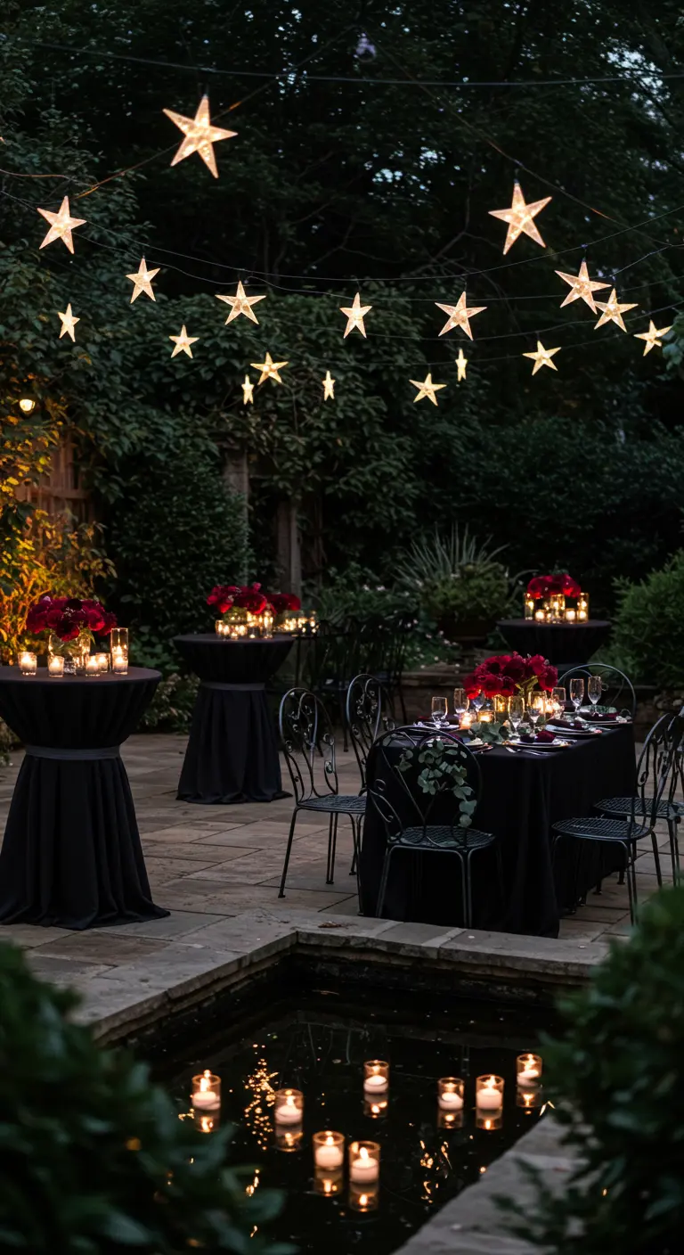Outdoor evening party with star-shaped string lights and candles floating in a pond.