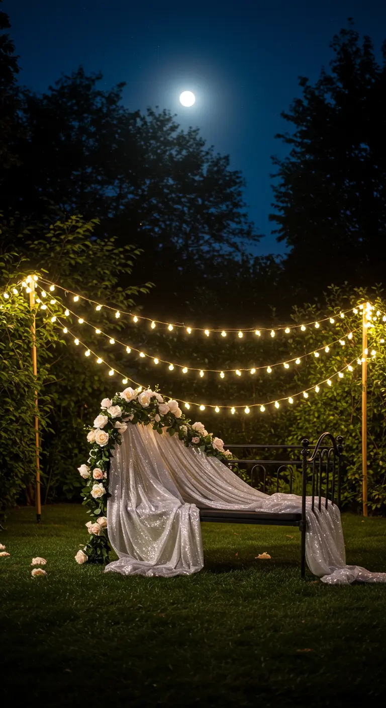 A daybed at night under string lights, draped in a sparkling silver fabric and white roses.