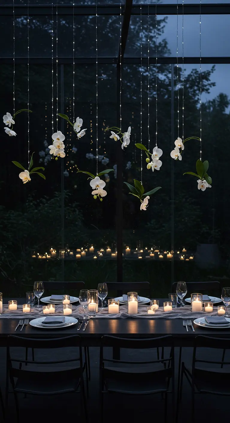 Minimalist black table with hanging orchids and fairy lights.