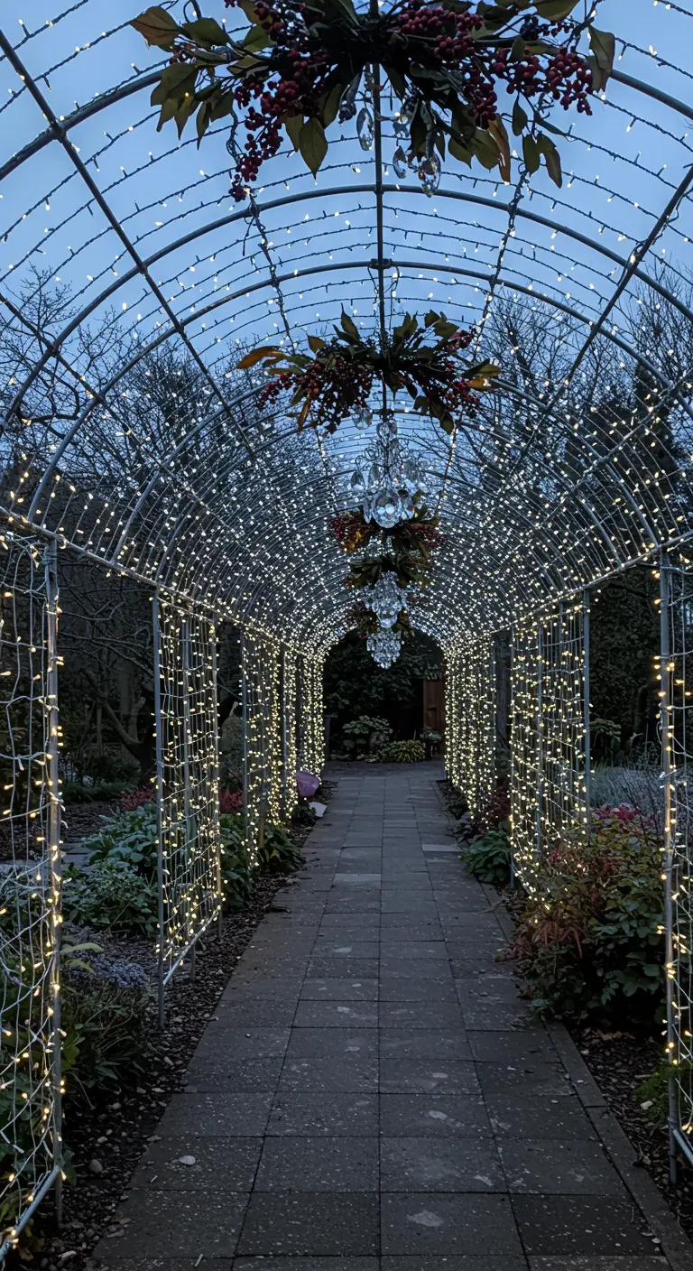 A long garden archway completely covered in twinkling white fairy lights, creating a light tunnel.