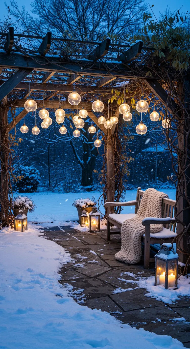 A snow-covered pergola with hanging orb lights over a bench with a cozy throw.