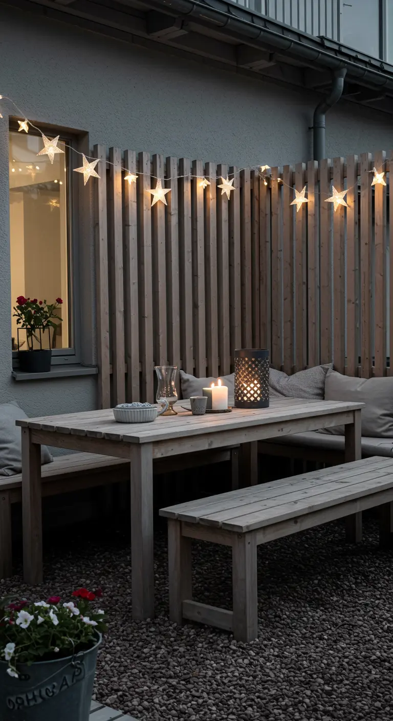 Patio dining area with a wooden table and benches, gravel floor, and star-shaped lights.