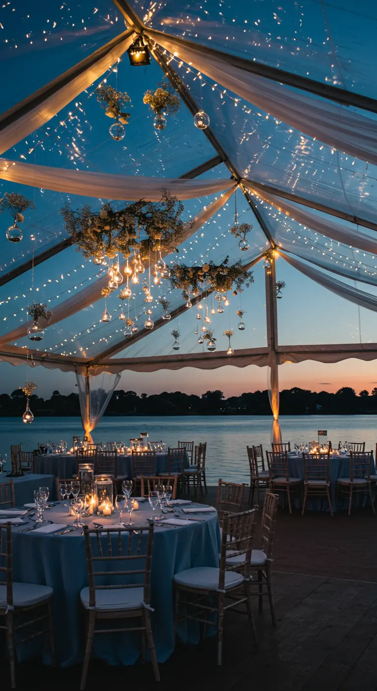 A clear wedding tent at dusk, filled with fairy lights and hanging floral wreaths.