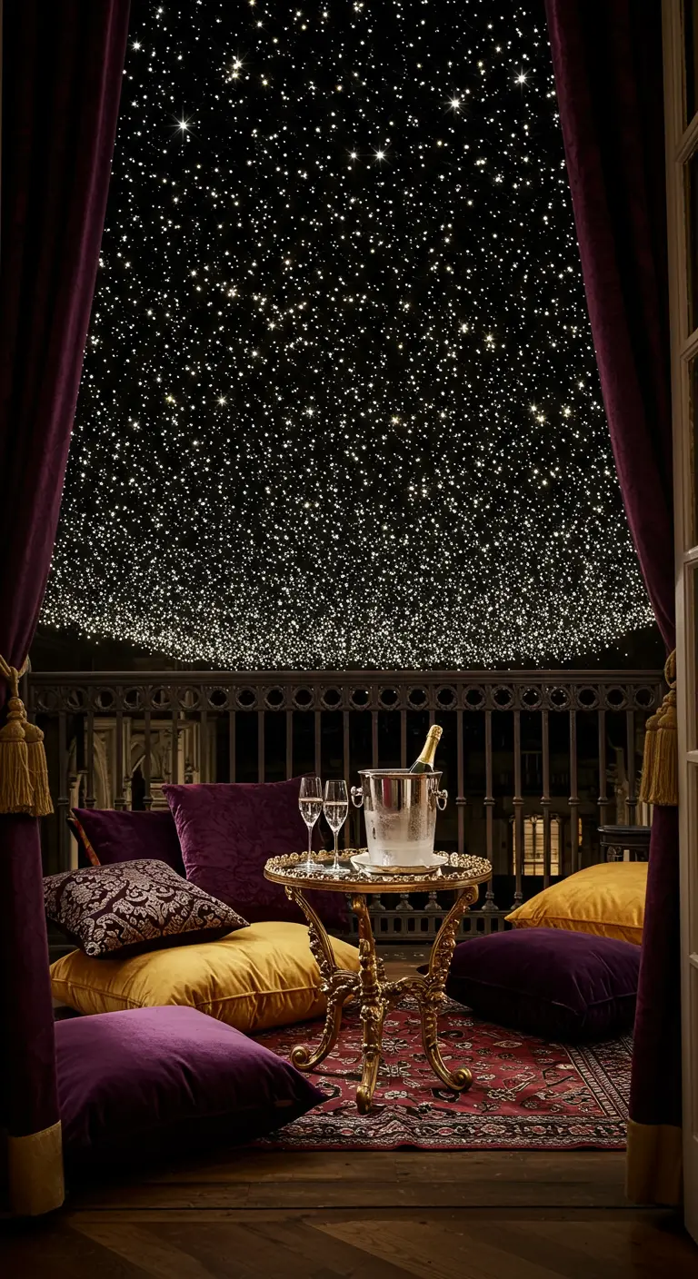 Balcony with a ceiling of tiny fairy lights, velvet drapes, and plush floor cushions.