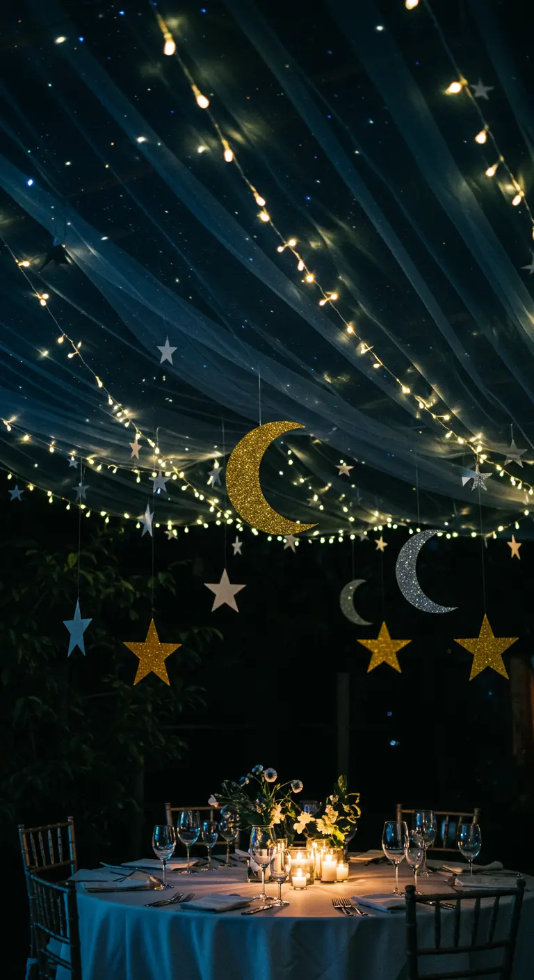 A celestial party theme with a dark tulle ceiling, fairy lights, and hanging stars.