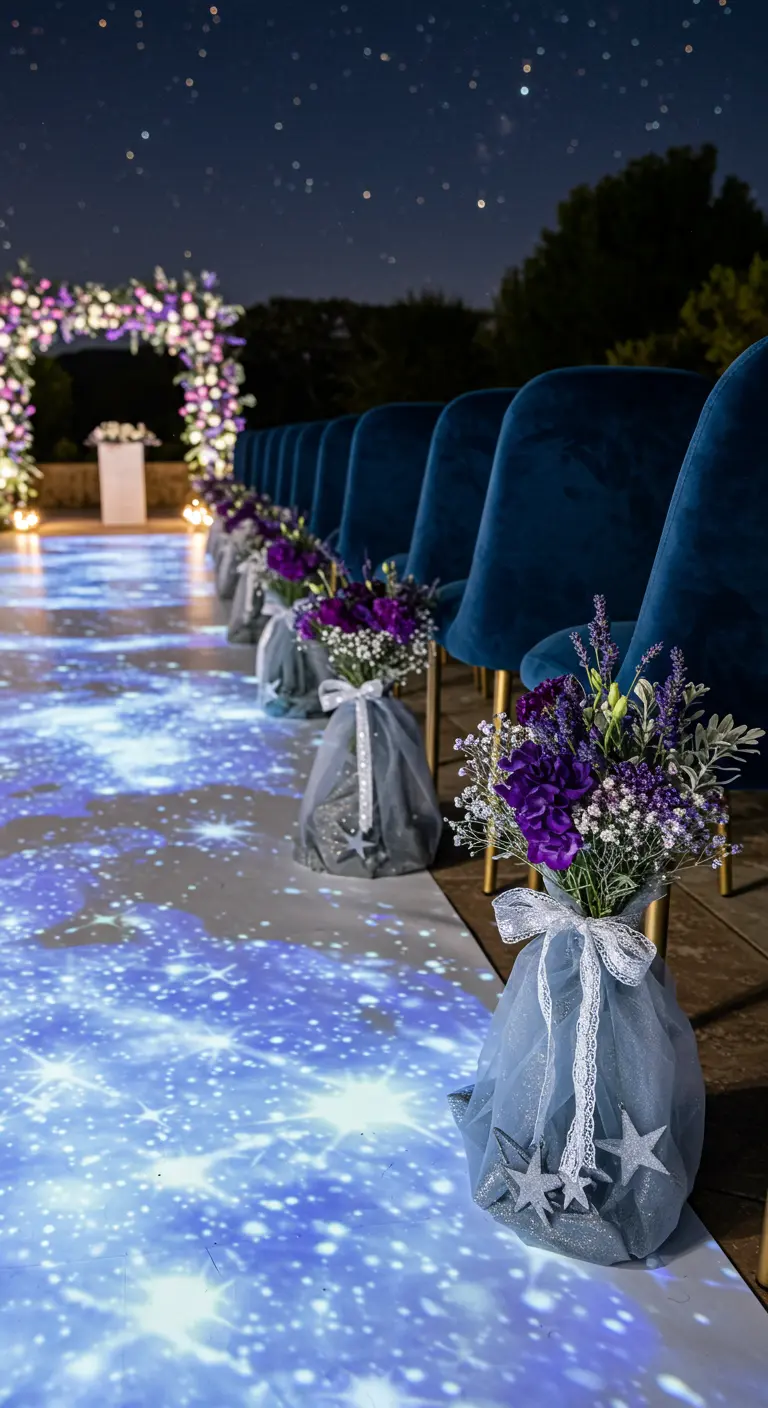 Aisle with a starry projection, chairs decorated with tulle-wrapped bouquets.