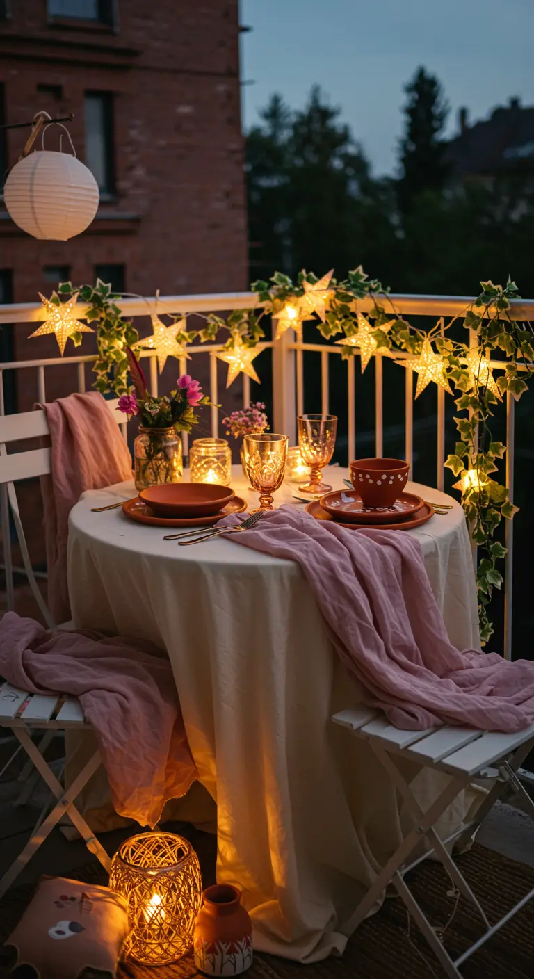 Romantic balcony table decorated with star-shaped lights and pink linens.