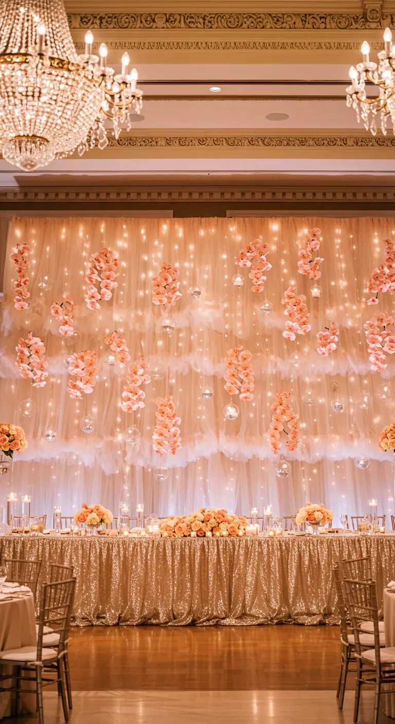 A head table backed by a wall of layered tulle, fairy lights, and hanging peach flower clusters.