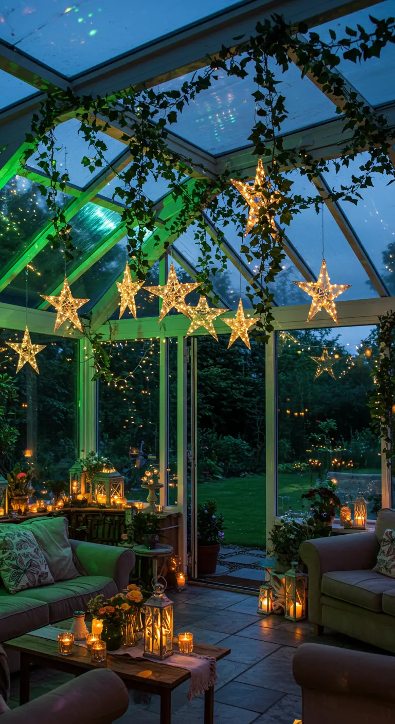 A glass conservatory at dusk filled with hanging star lights, ivy, and candles for a garden party.