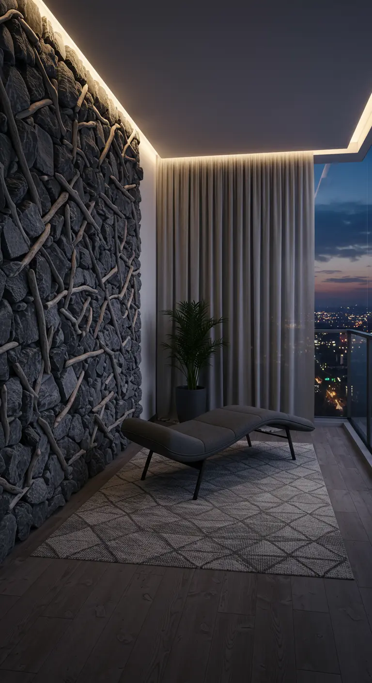 A balcony at night with an illuminated stone-and-driftwood wall and a sleek chaise lounge.