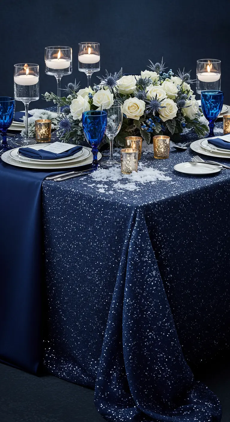 A table set with a navy blue sequin tablecloth, white roses, and blue goblets.