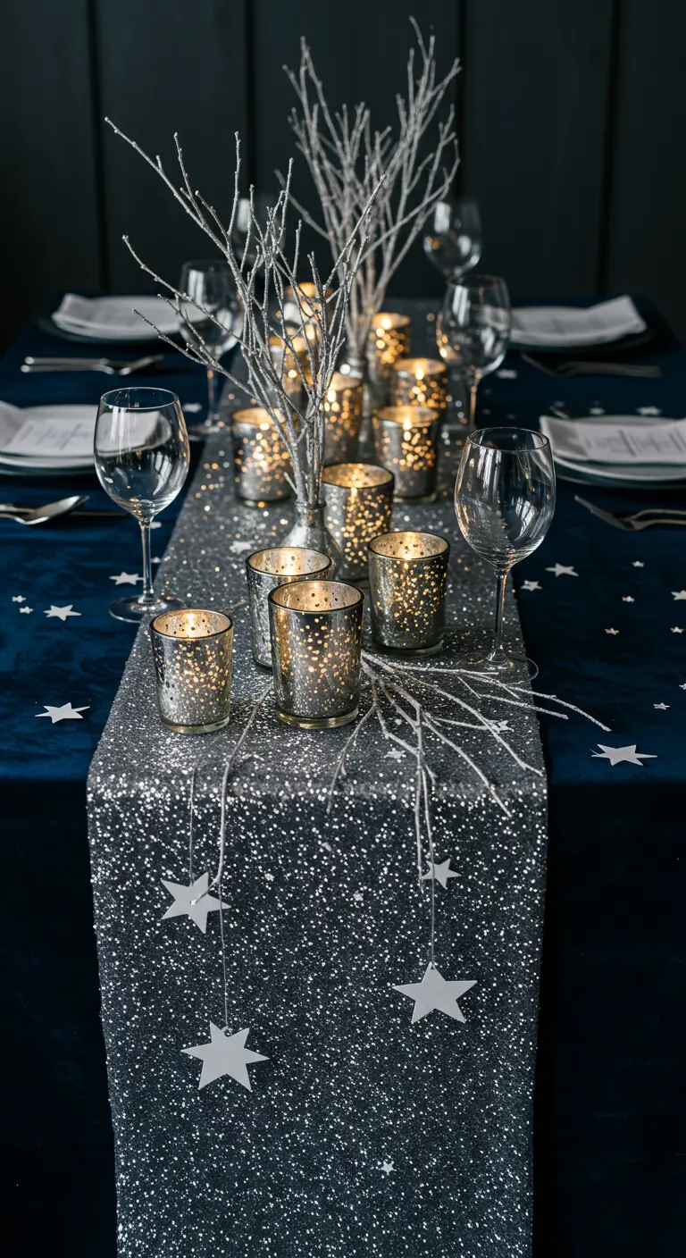Navy blue table with a silver sequin runner, glittery branches, and mercury glass candles.