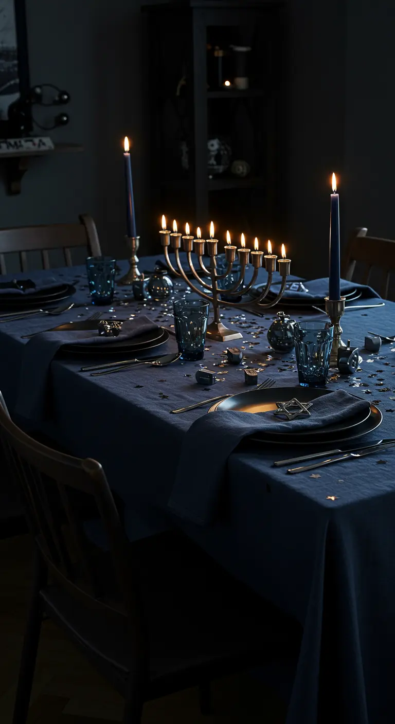A moody Hanukkah tablescape with a dark blue tablecloth, silver star confetti, and candlelight.