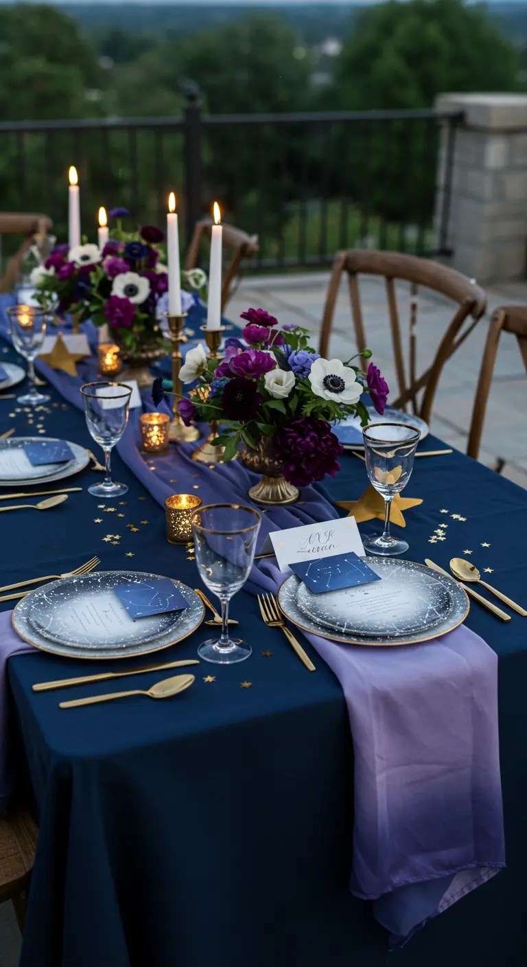 Celestial-themed table with navy cloth, starry plates, and gold stars.