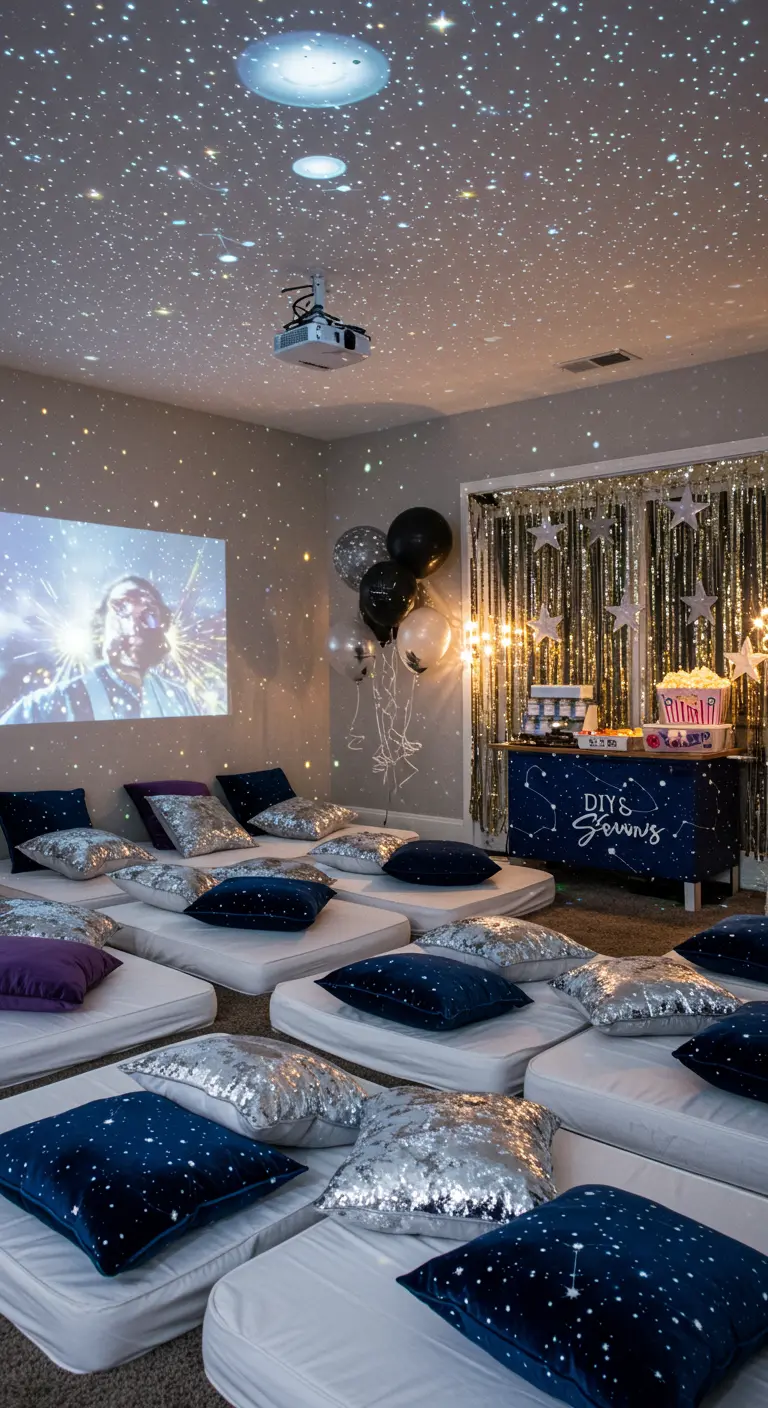 A slumber party setup with mattresses, celestial pillows, and a movie projector.
