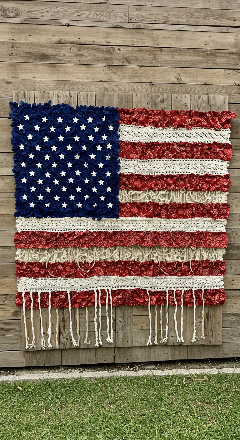 A textured, DIY American flag made from macrame, fabric rosettes, and paisley bandanas.