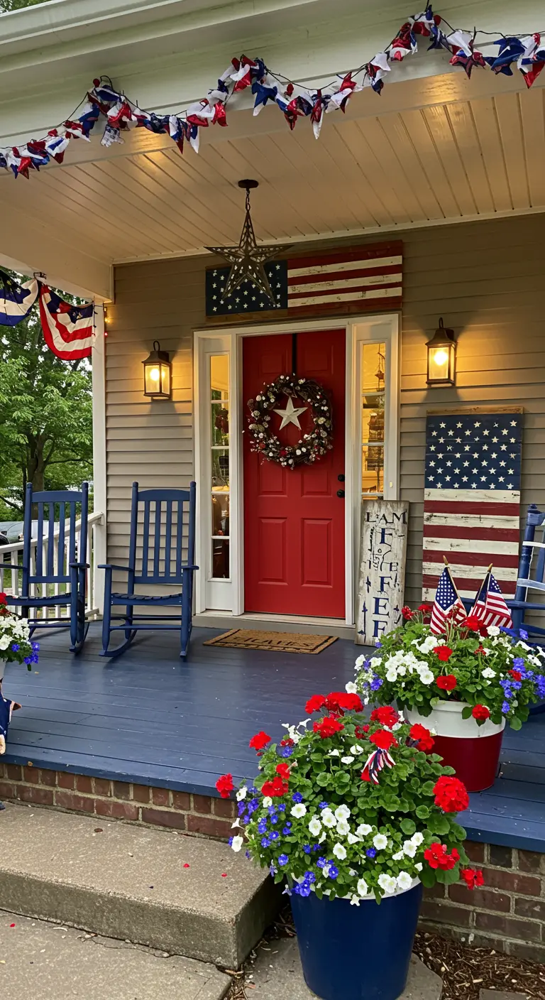 Patriotic 4th of July porch with flags, rocking chairs, and a star wreath.