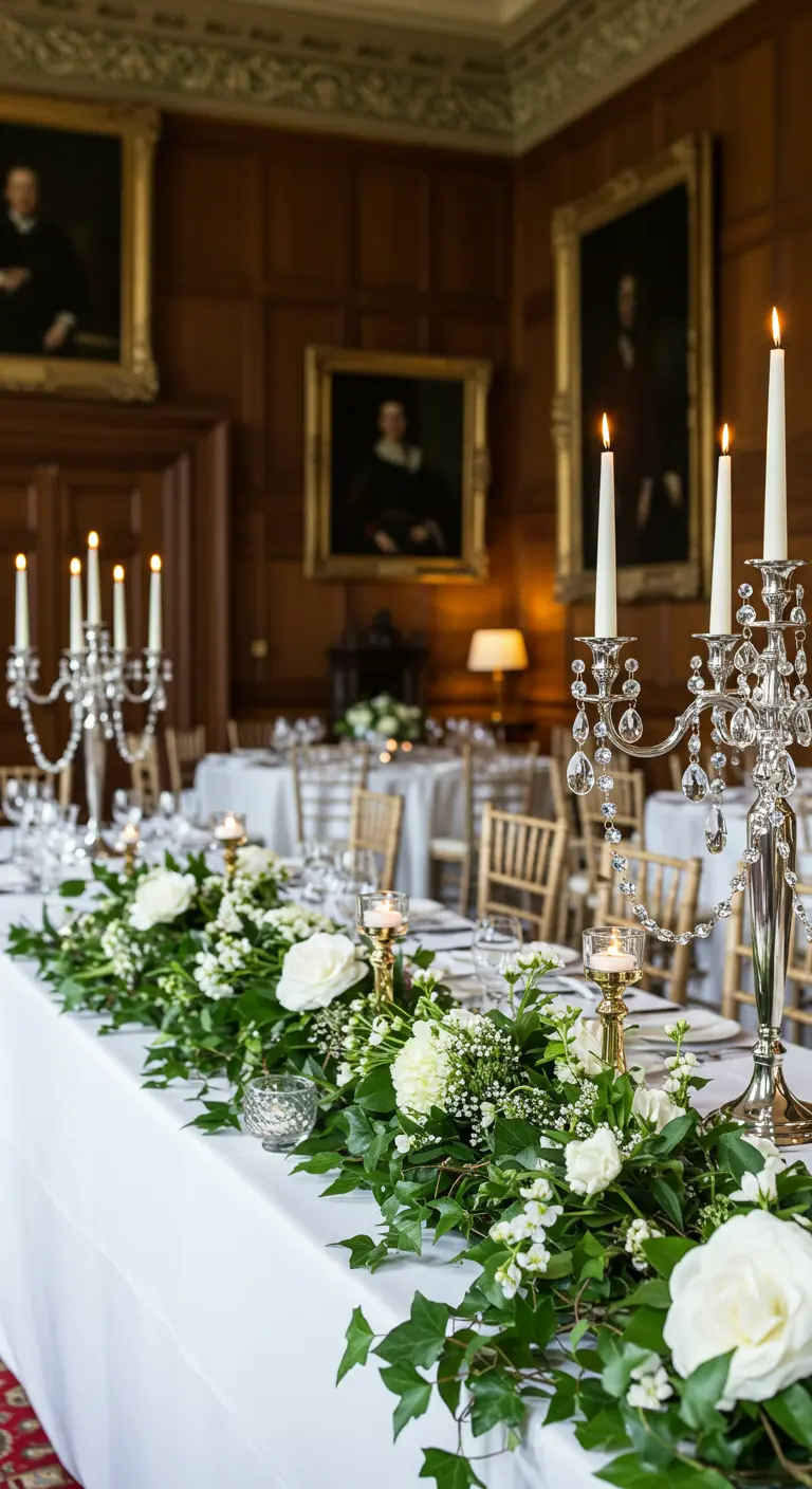Elegant manor table with a green and white garland and tall silver candelabras.