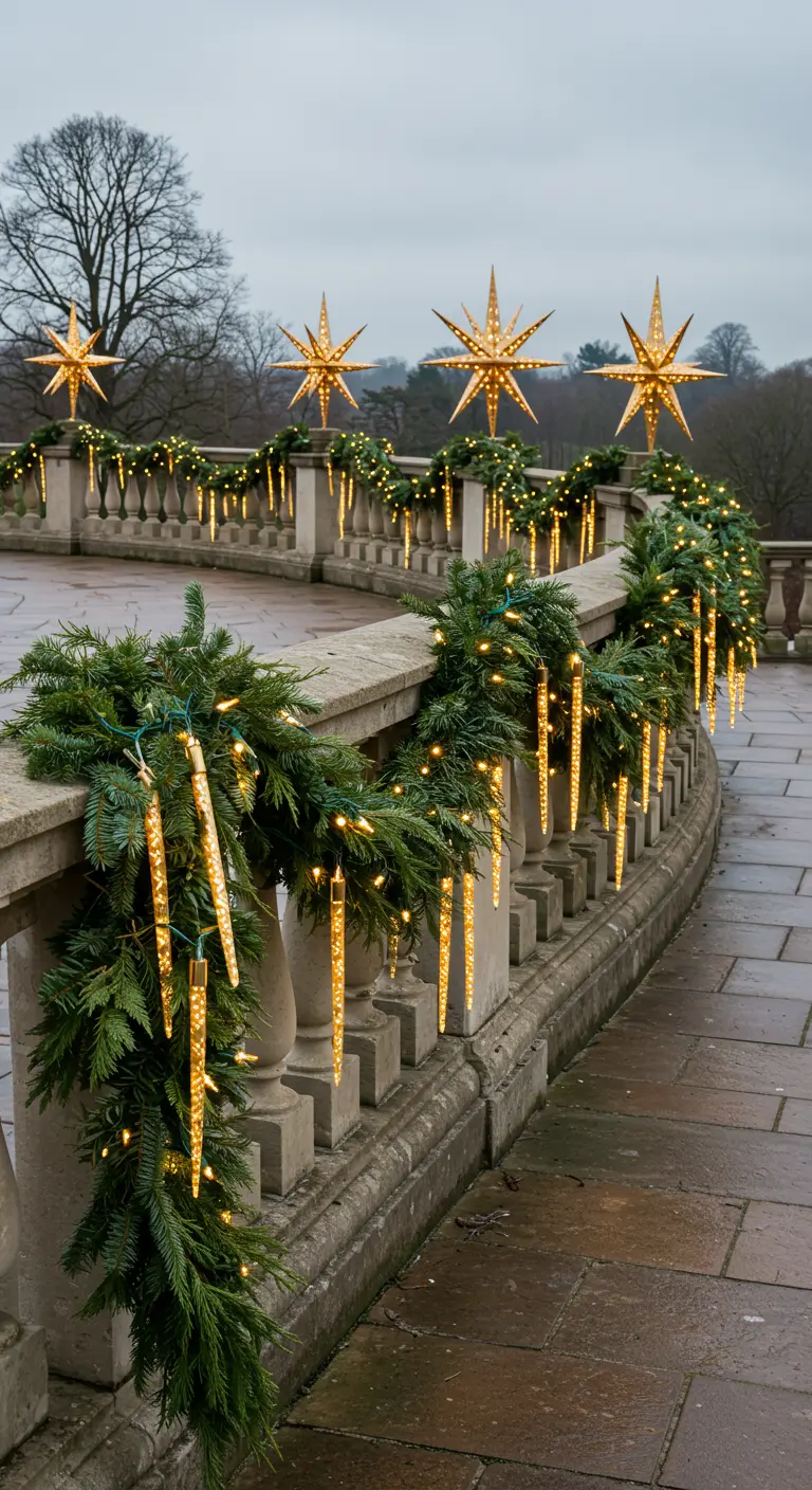 A grand stone terrace with repeating garland swags, golden icicle lights, and large star toppers.