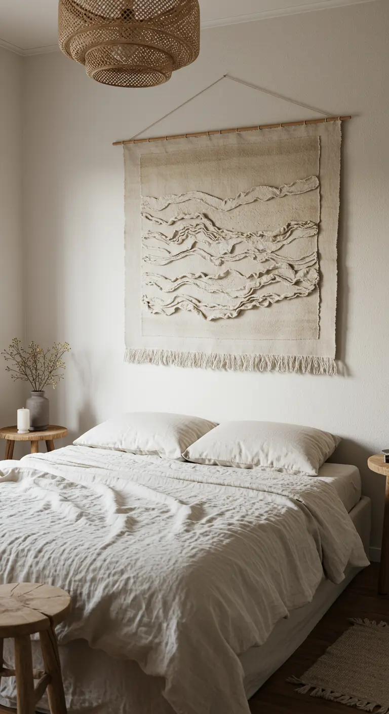A large woven wall hanging with fringe serves as a headboard above a bed with linen sheets.